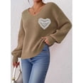 thumbnail image 6 of Sweaters for Female Lantern Sleeve Heart Print Pullover Embroidered Lace Patchwork Knit Pullover Camel S, 6 of 8