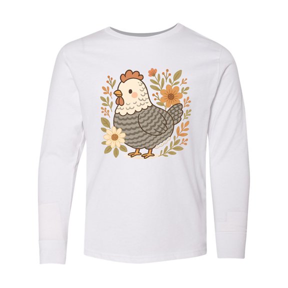 Inktastic Chicken Flowered Cottagecore Long Sleeve Youth T-Shirt
