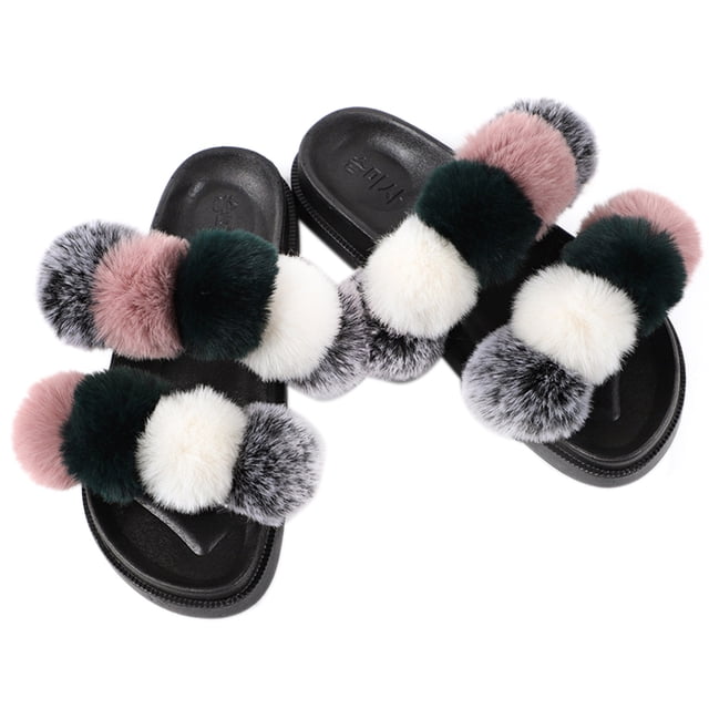 Women Furry Slippers Fashion Pom Pom Ball Faux Fur Slippers Fluffy Sandals