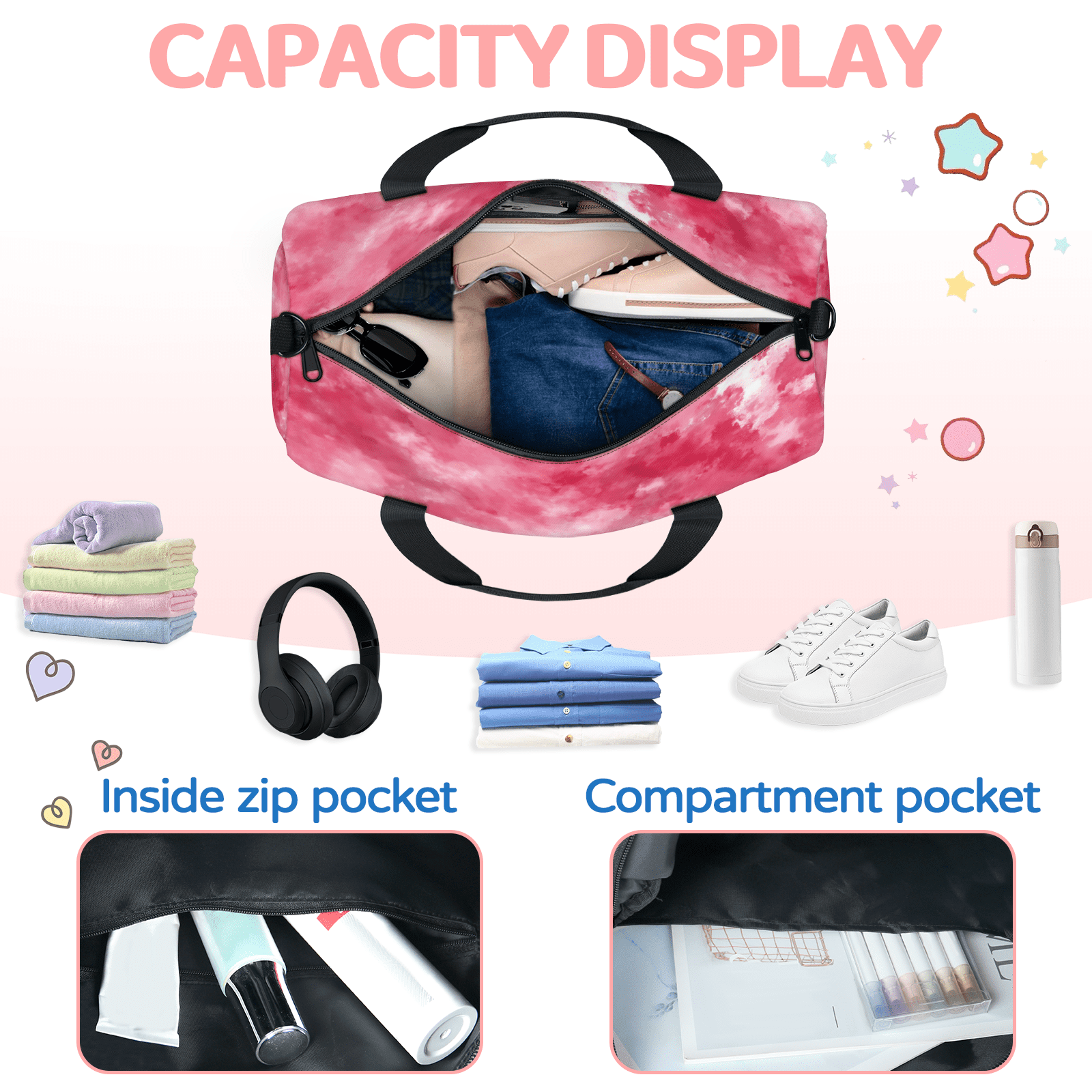 Herdesigns Tie Dye Gym Bag for Women, Duffle Bag for Travel Sport, Pink Lightweight Waterproof Carry on Weekender Dance Yoga Workout Bags