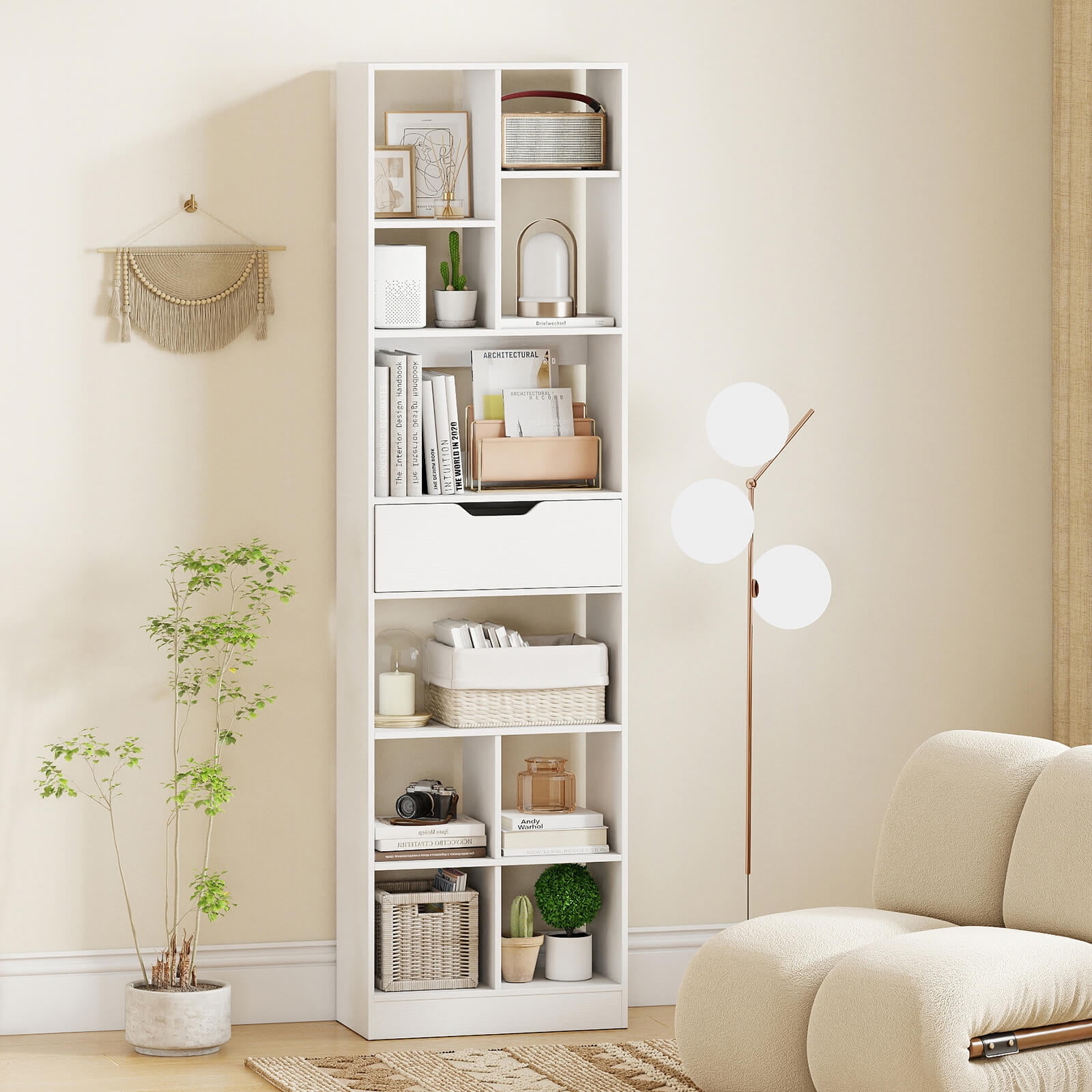 Costway 2 PCS 71”Bookcase with Drawer, 10 Open Cubes, Anti-toppling Kits for Study, Office White