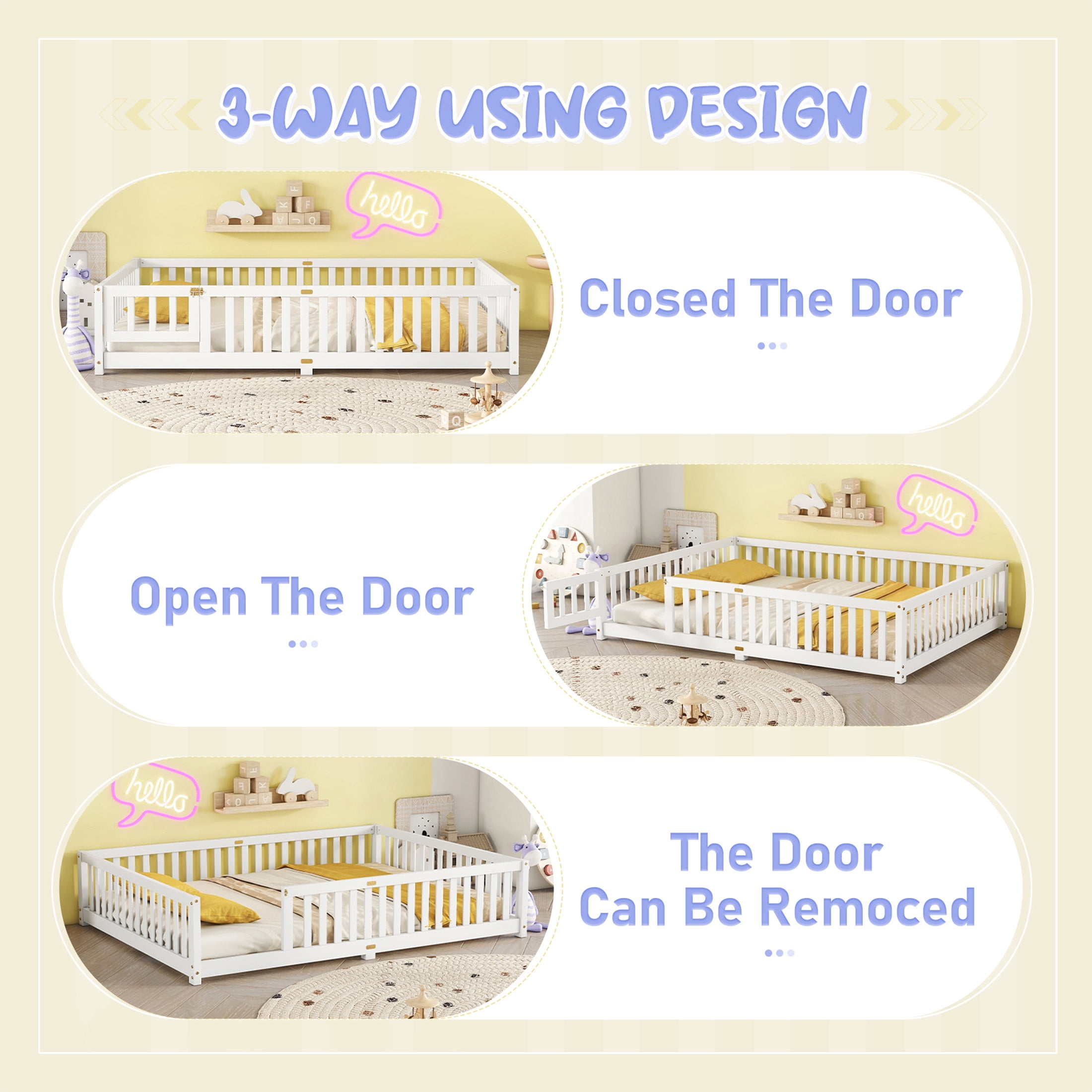 Aukfa Queen Size Floor Bed for Kids, Girls, Boys, Wood Montessori Bed Frame with Safety Guardrails and Door, White