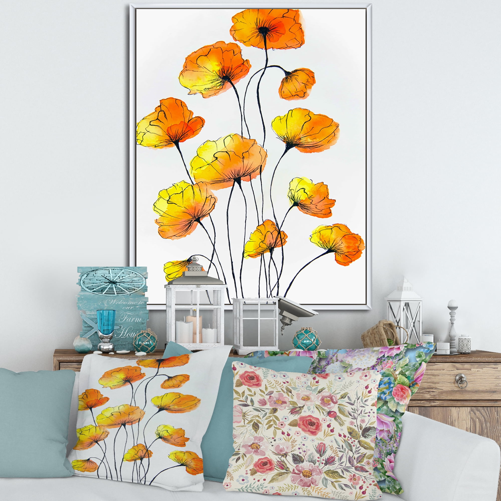 Designart 'Country Yellow Flowers On White' Traditional Framed Canvas Wall Art Print