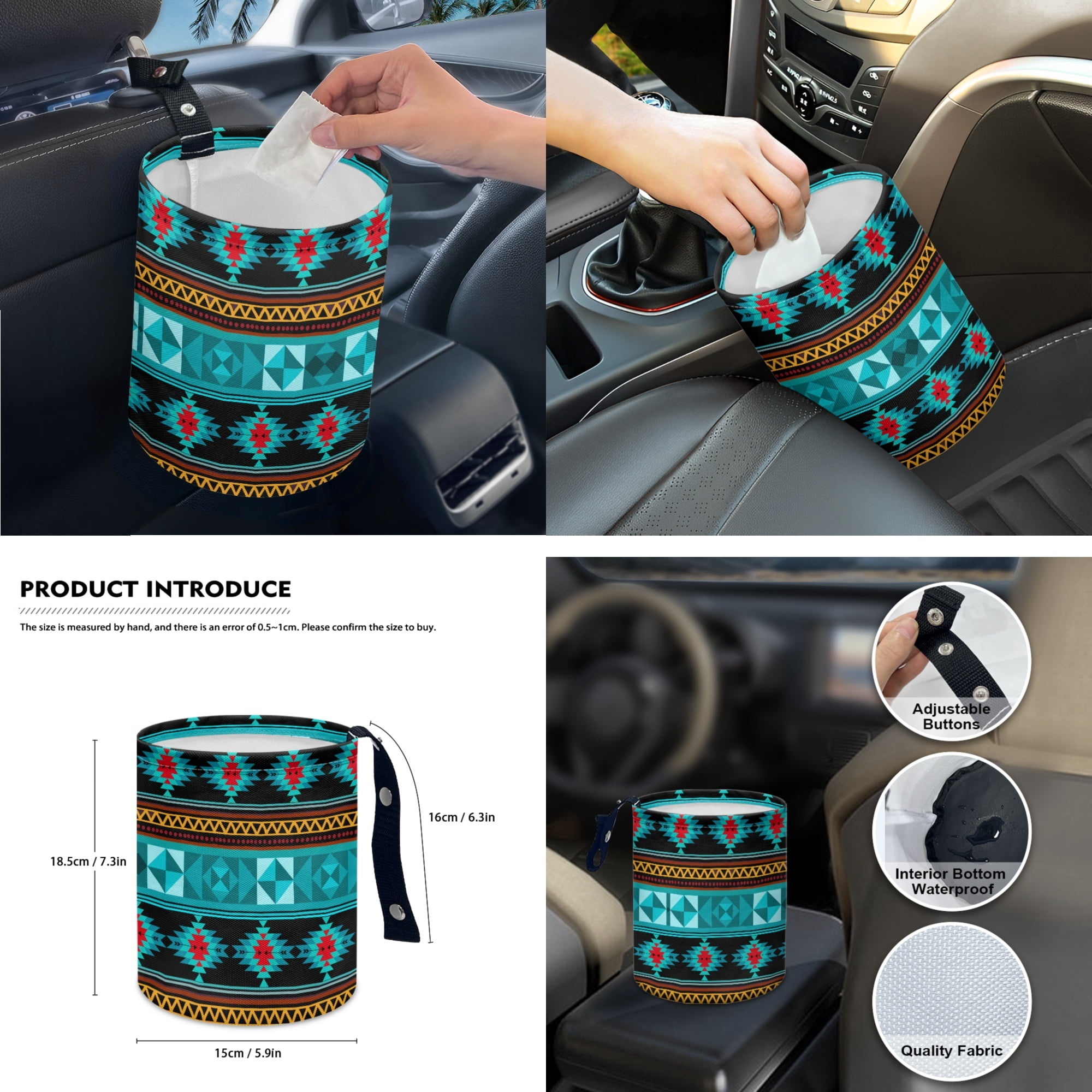 Yuyamidu Aztec Ethnic Gemoetric Car Seat Cover Set of 14 Blue Car Seat Protector with Steering Wheel Cover Seatbelt Pads Armrest Cushion Trash Can Rearview Mirror Cover Handbrake Cover Set Coasters