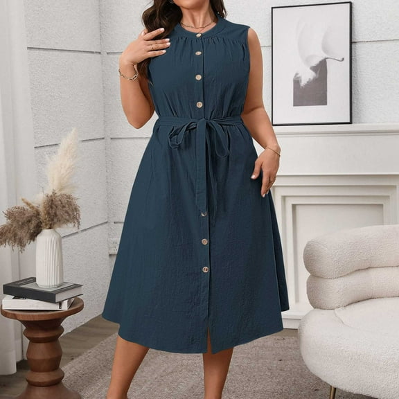 ITSAME Women's Plus Size Dress, Lace-Up Peplum Buttons Sleeveless Summer Holiday Flowy Dresses Navy 4XL