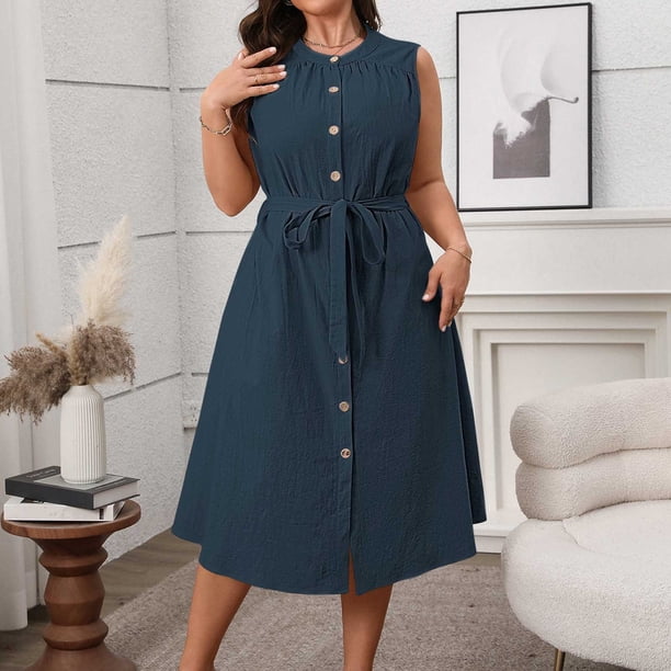 mfyjkho Vestidos de verano para mujer, Vestido de verano para mujer, sin mangas, con cuello redondo y botones, color liso Vestidos de fiesta para mujer xxxxl