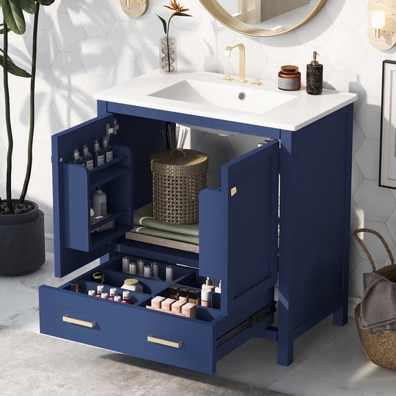 Caulitar 30" Blue Bathroom Vanity with Single Sink, Combo Cabinet Undermount Sink, Bathroom Storage Cabinet with 2 Doors and a Drawer, Soft Closing, Solid Wood Frame
