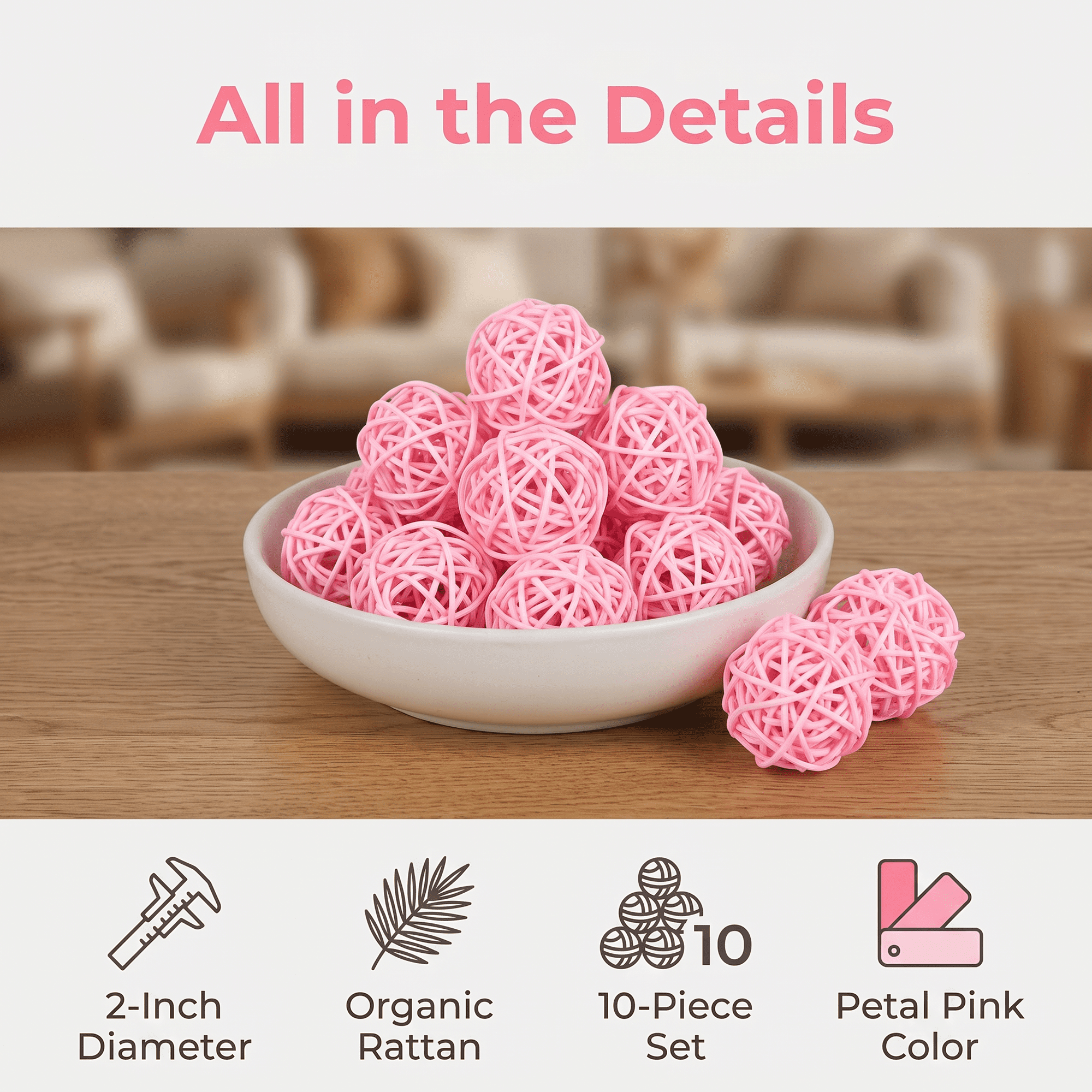 Unique Bargains 10Pcs Rattan Balls for Lights Wicker Spheres Orbs Pink 2"x2"x2"