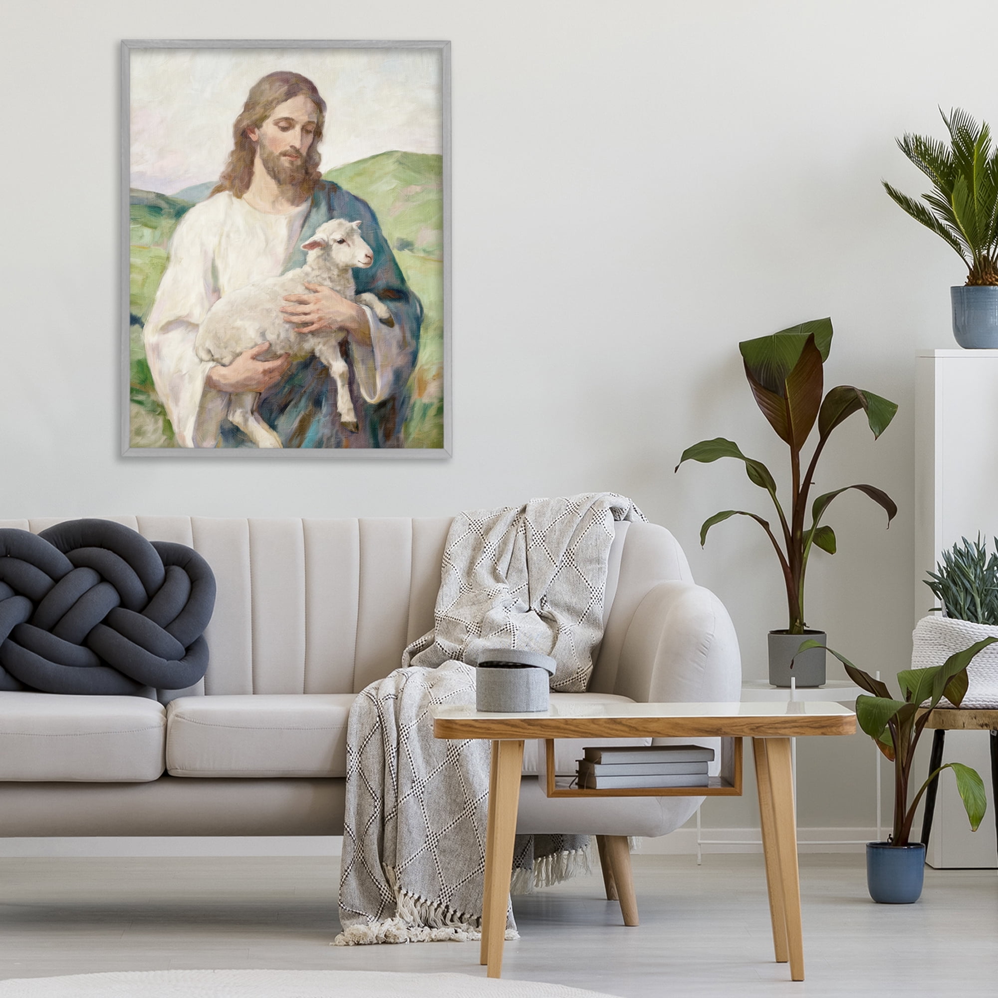 Stupell Industries Little Lamb & Spiritual Figure Gray Framed Giclee Art, design by Kim Allen