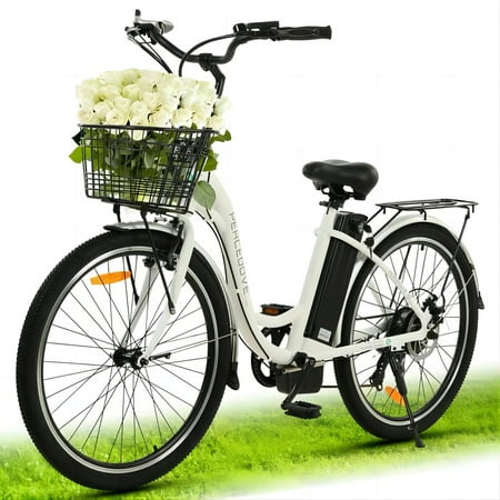 26 Inch 36V 10AH 350W City Bike Electric Bicycle e-bike White with Basket 7 Speed Step Through Commuter for Women Girls