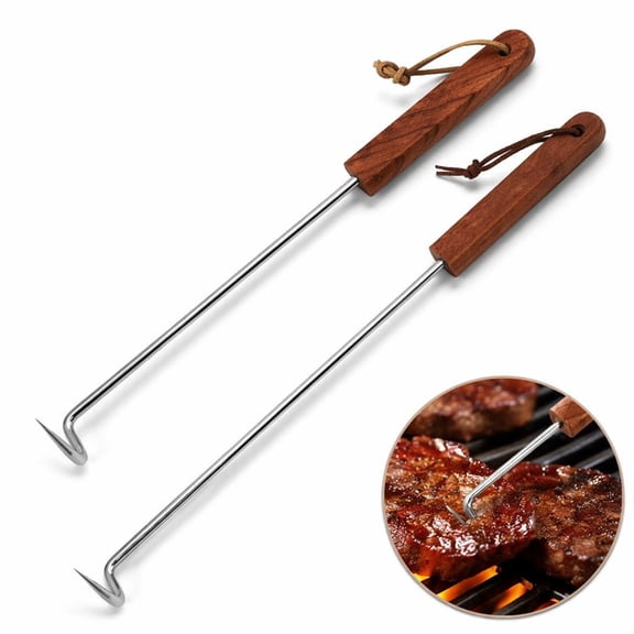 NOGIS 2Pcs Food Flipper Turner Hooks Stainless Steel BBQ Meat Hooks Steak Flipper Hook with Wooden Handle  for Grilling & Smoking, Flipping Rib, Steak, Chicken (17.5 in 12.5 in)