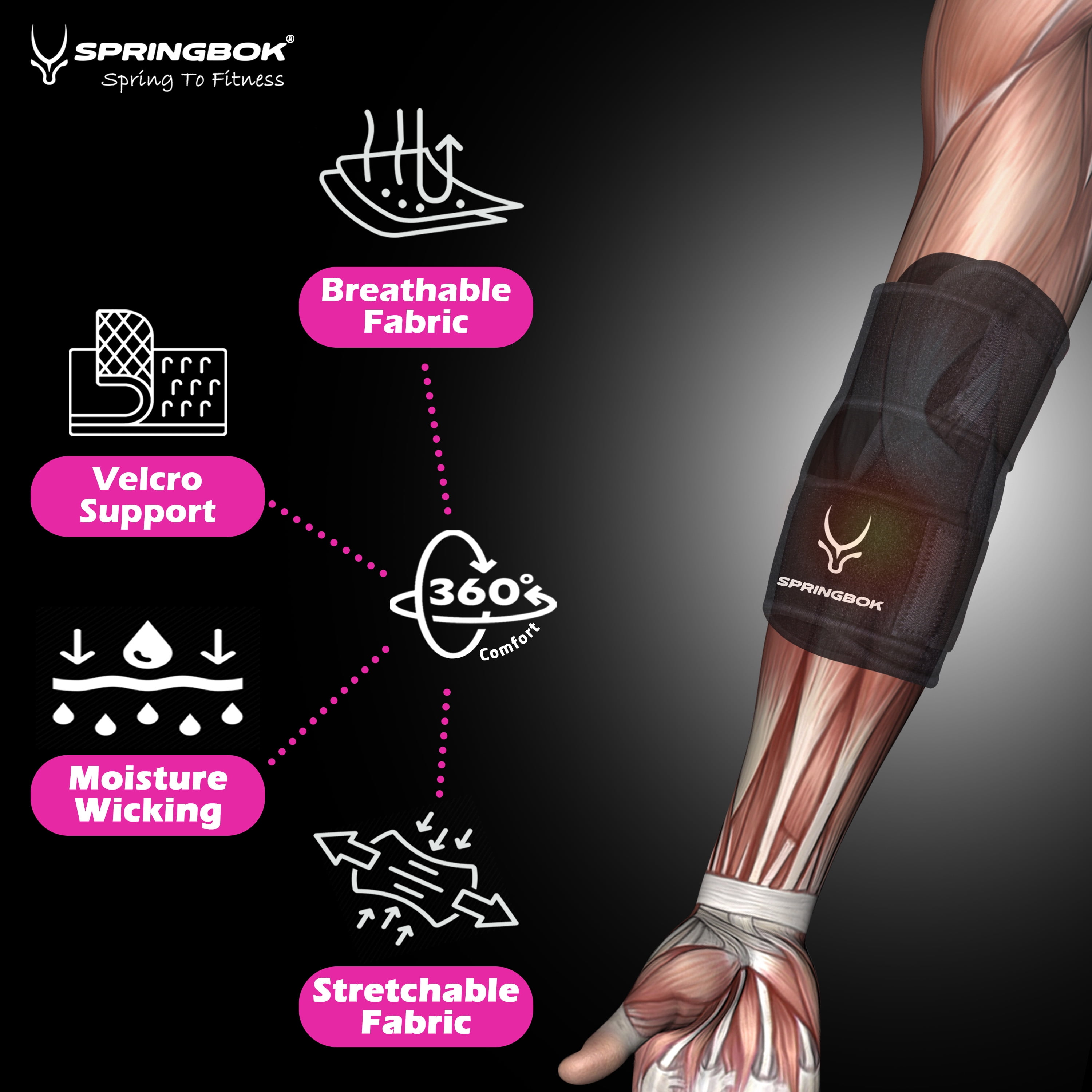 Springbok Elbow Wrap Support – Adjustable Compression Brace for Tennis Elbow, Golfer’s Elbow, Tendonitis & Cubital Tunnel Syndrome – Night Sleep Splint for Pain Relief & Injury Recovery – Comfortable