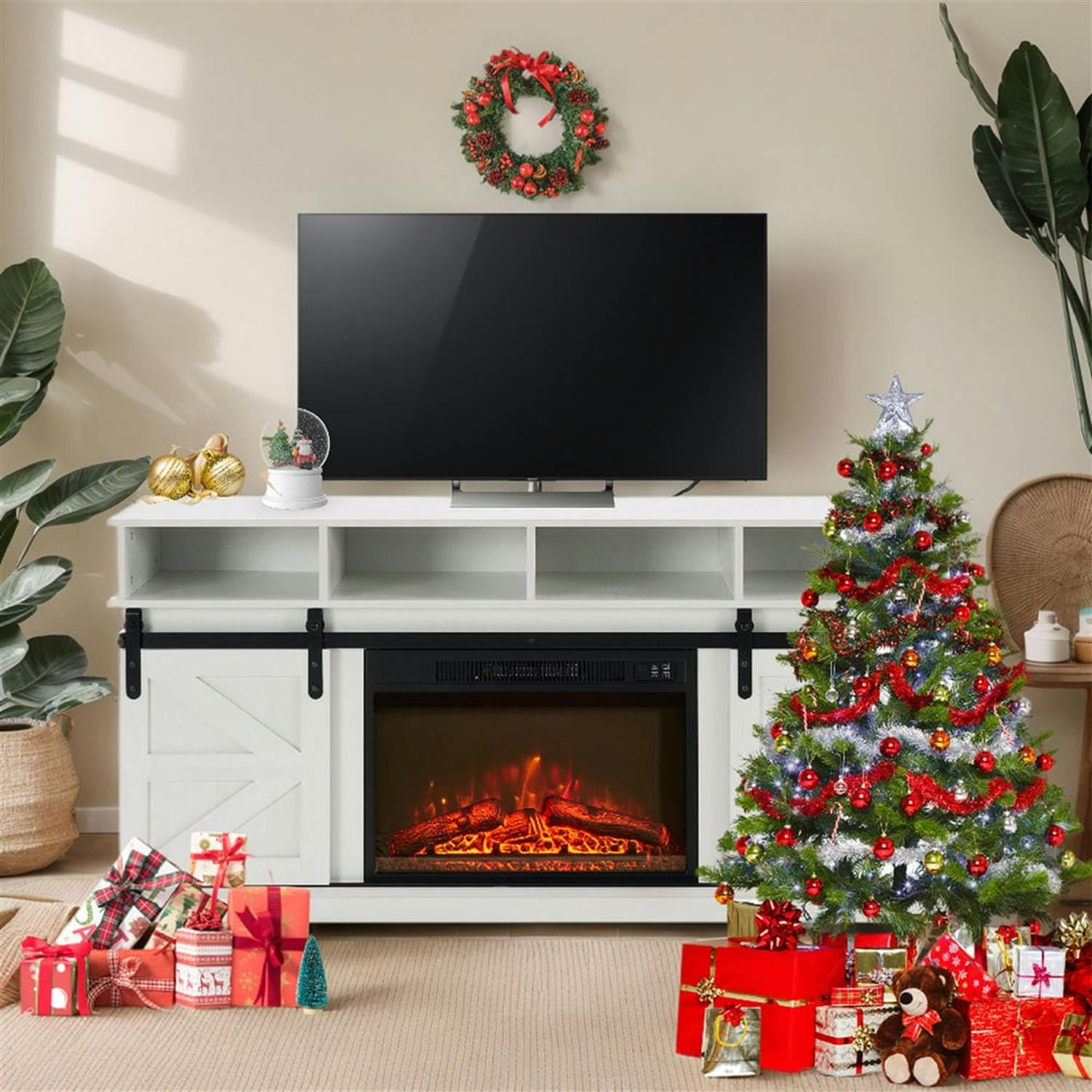 Demi Bonn Modern Farmhouse TV Media Stand for TV Up to 65'', Large Barn Inspired Home Entertainment Console with 23" Fireplace Insert, Open Shelves and Closed Cabinets, White