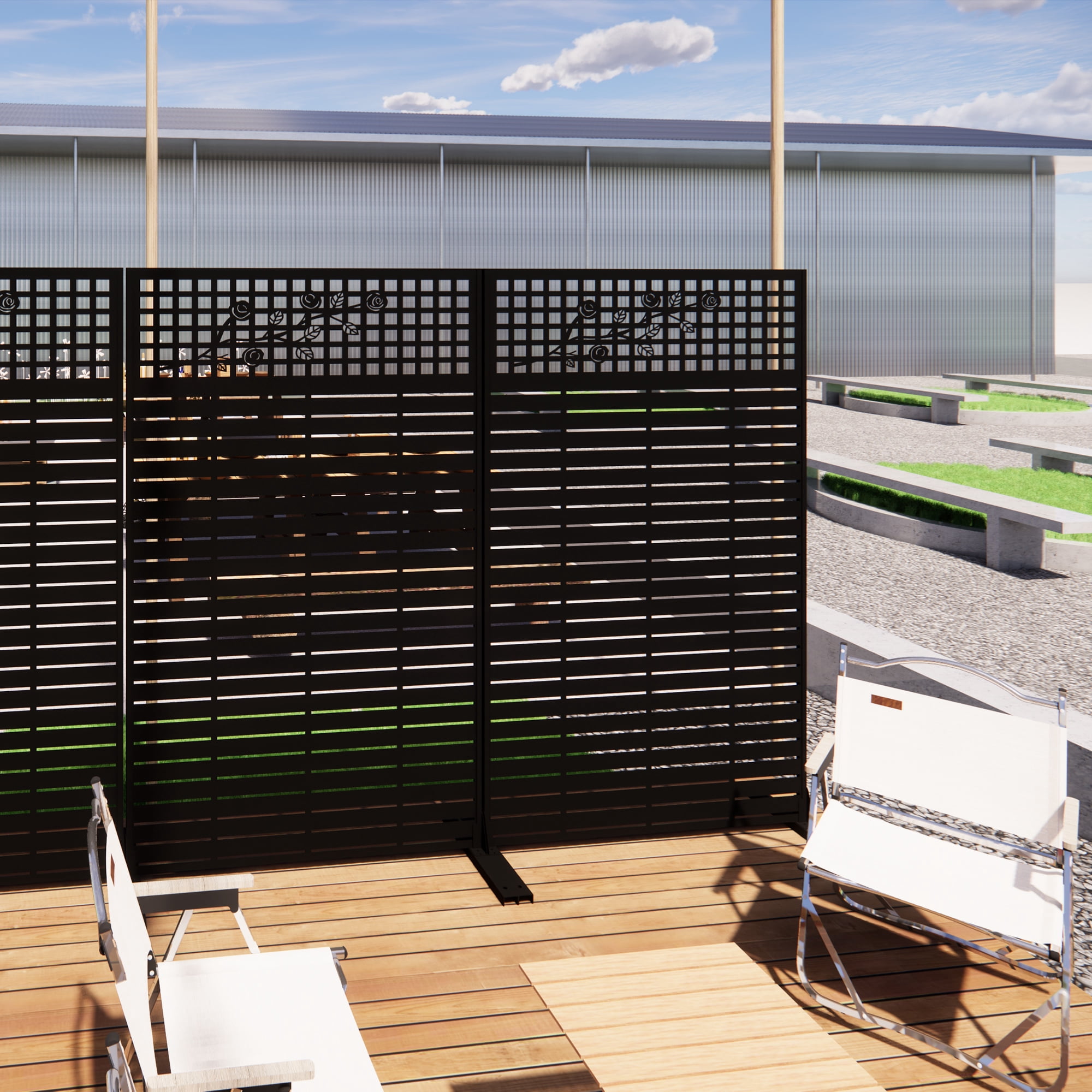 Mintazer 72" H Metal Privacy Screen with Rose Pattern, Outdoor Patio Privacy Fence Room Divider, Black