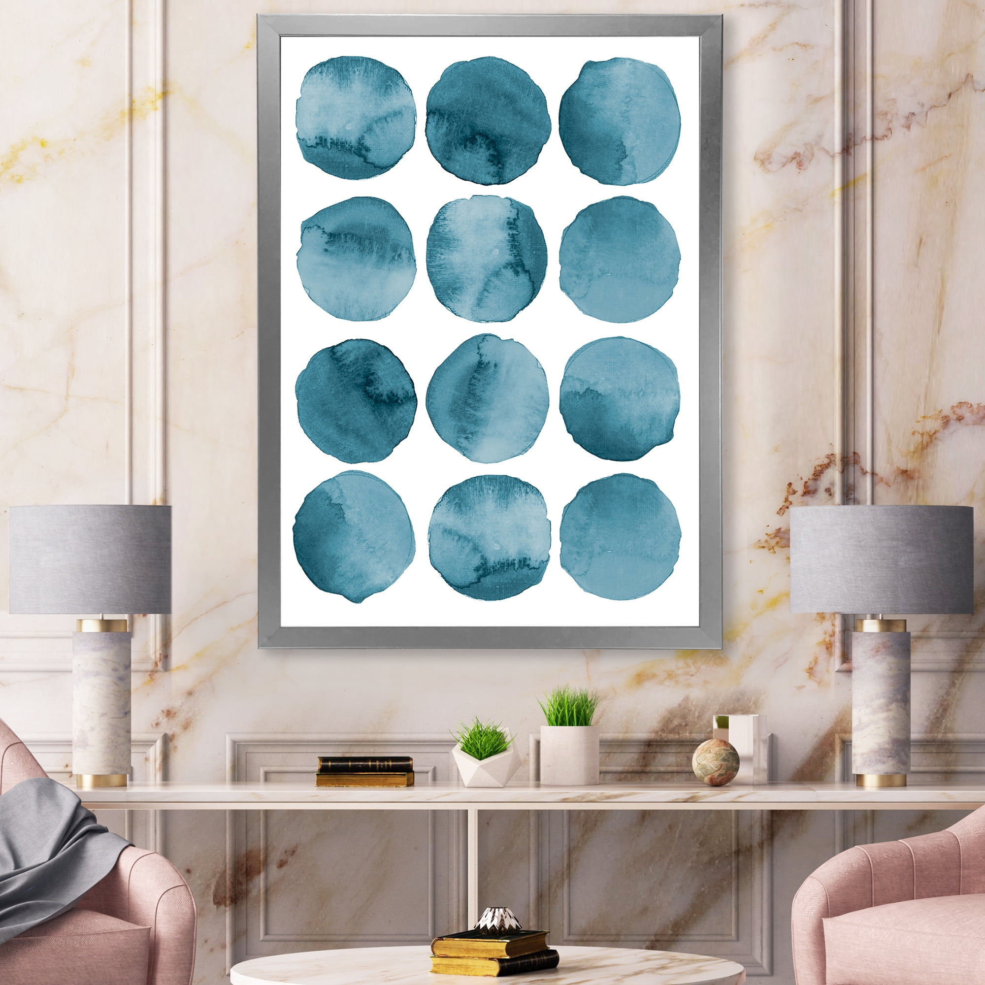 Designart 'Blue Aquamarine Circles Geometric Elements' Modern Framed Art Print
