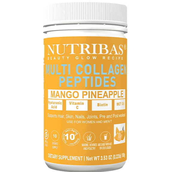 NUTRIBAS Vitality Fit Multi Collagen Powder, Mango Pineapple, with Biotin, HA, MCT, Vitamin C for Hair, Skin, Nails & Joints, 3.53 oz, 10 Servings