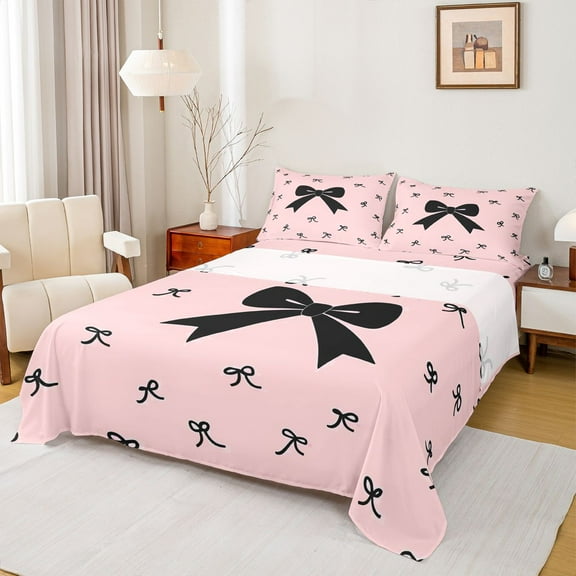 Homewish Ribbon Bow Tie Twin Sheet Sets,Girls Kawaii Bowknot Twin Fitted Sheet,Pink Black Flat Sheet For Kids,Breathable Home Decor,3 Pieces