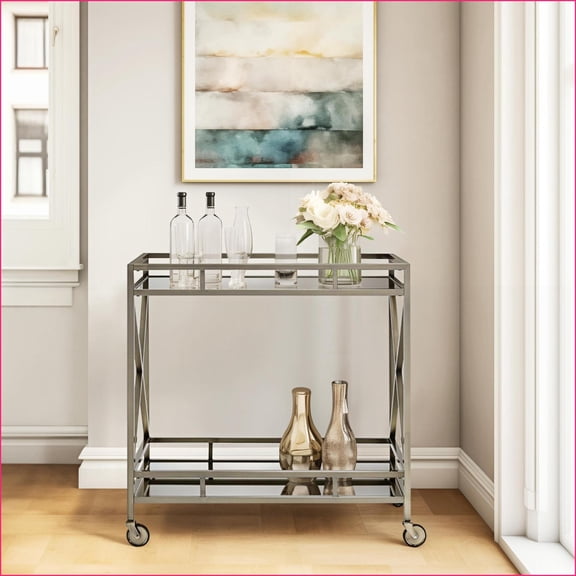 Serving Cart with Mirrored Top & Storage, Antique Gold Metal Frame | Rolling Casters | Metal,Mirror