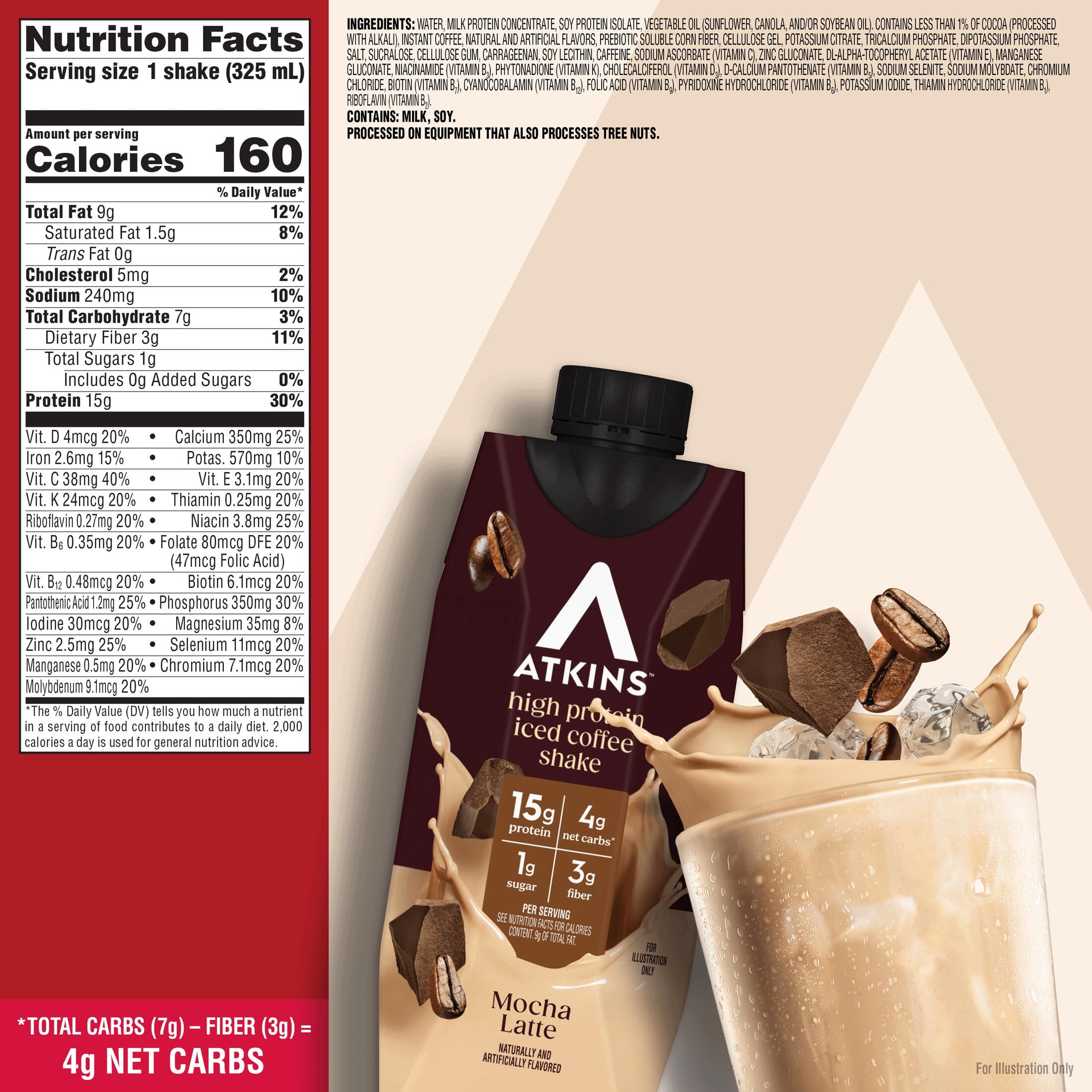 Atkins Protein Shake, Mocha Latte, Keto Friendly, Gluten Free, 4 Ct (Ready to Drink)