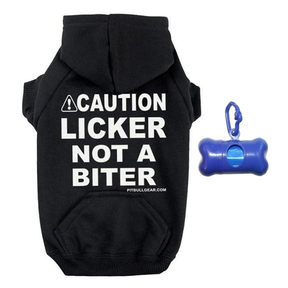 Caution Licker Not A Biter Zippered Dog Hoodie and Poop Bag Holder Bundle Set