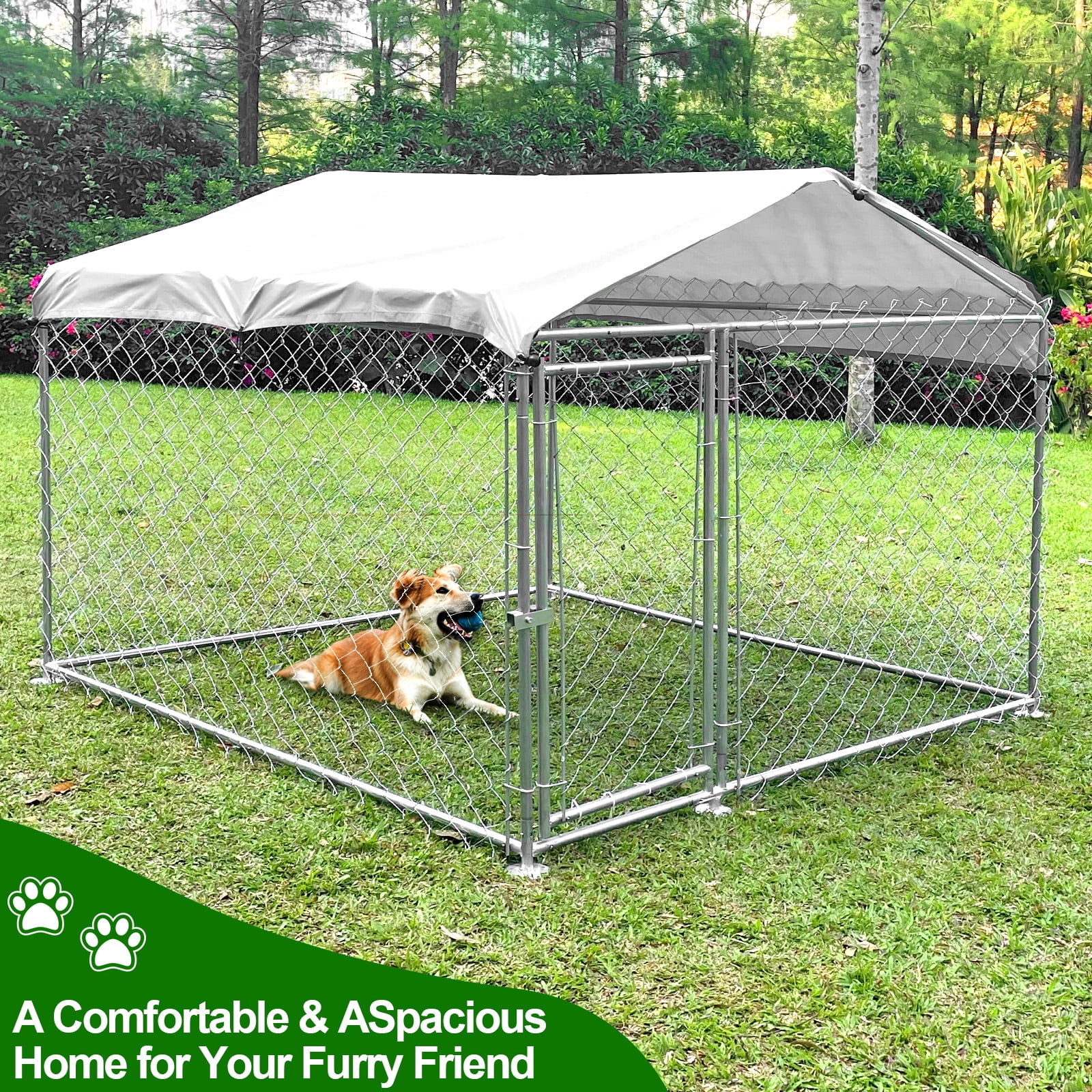 Outdoor Dog Kennel with Roof, 78.7" x 78.7", Galvanized Steel Exercise Pen for Small to Medium Dogs, 43 sq ft