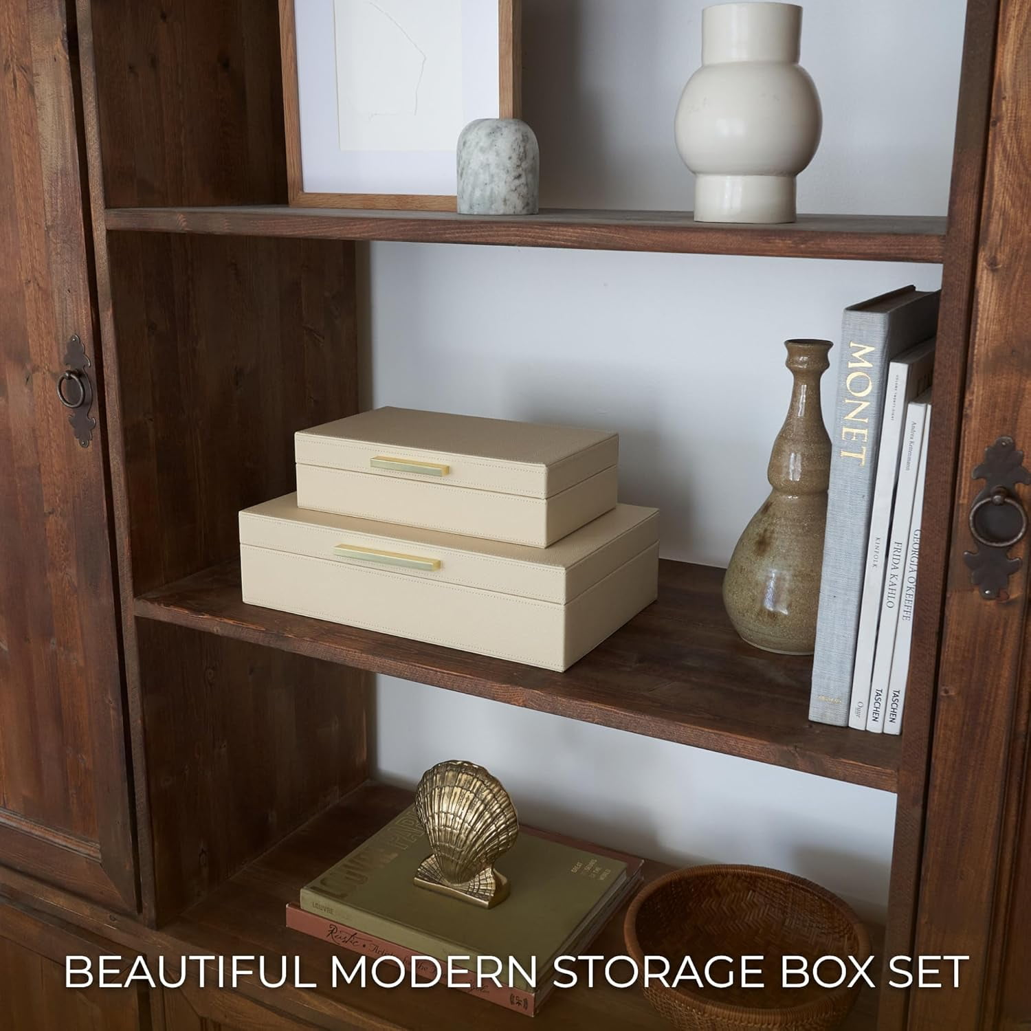 Decorative storage boxes with lids – a two-piece set of elegant PU leather organizer boxes perfect for bookshelf home décor – securely and stylishly store photos, documents, and keepsakes.