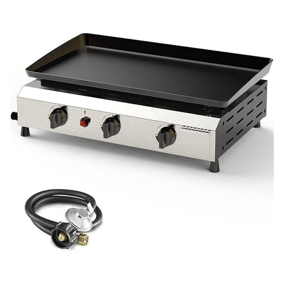 25.6" 3 Burner Gas Griddle - Portable Propane BBQ Grill, Stainless Steel Tabletop Griddle for Camping & Tailgating - 30,000 BTU