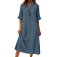 thumbnail image 4 of ClodeEU Women's Stand Collar Half Button Short Sleeve Linen Midi Dress,Casual Loose Fit Dress with Pockets Navy,Women's Plus XL, 4 of 6