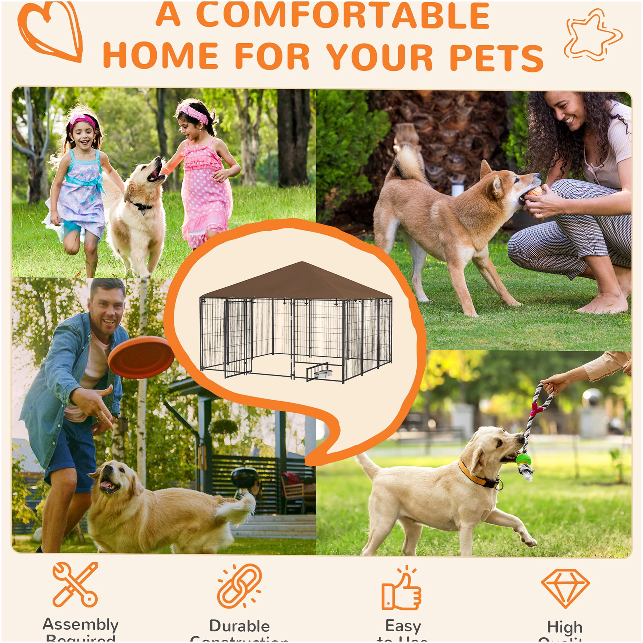 JERFIT 6.9' x 6.9' x 5' Outdoor Dog Kennel with Removable Canopy, Rotating Feeding Door, Weather-Resistant Metal Playpen for Large Dogs, Coffee Brown