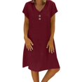 thumbnail image 3 of Laqbezok Cotton Linen Dress, Women's Casual V-Neck Short Sleeve Retro Sundress, Loose Fit A-Line Gown with Decorative Buttons, 3 of 8