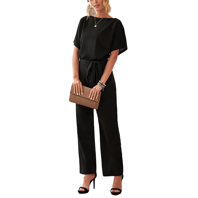 Mono de manga corta de verano, mono con pernera ancha de talle alto y cuello redondo de Color puro con cinturón para mujer negro XXL