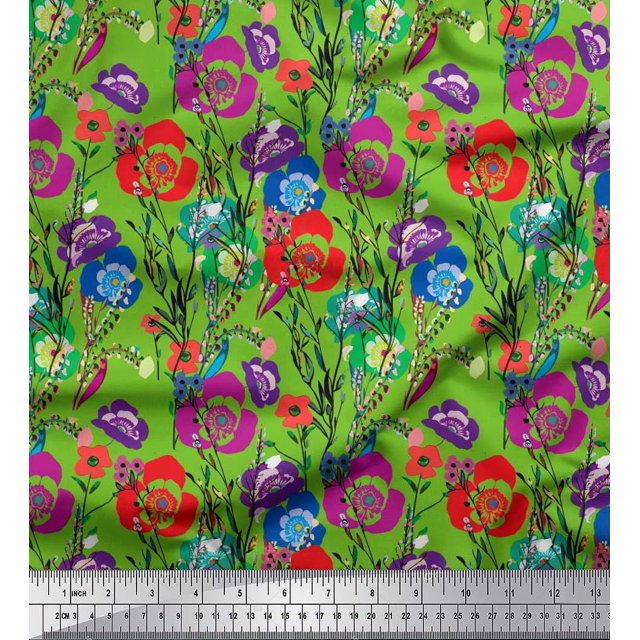 Soimoi Velvet Fabric Leaves & Poppy Floral Decor Fabric Printed Yard 58 Inch Wide