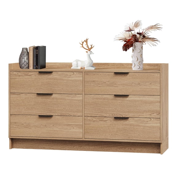 Modern Dresser with 6 Drawers 52.5" Wide Chest of Drawers with Metal Handle, Double Wooden Storage Cabinet with Deep Drawers & TV Stand Wood Closet Clothes Storage Organizer for Bedroom, Living Room,
