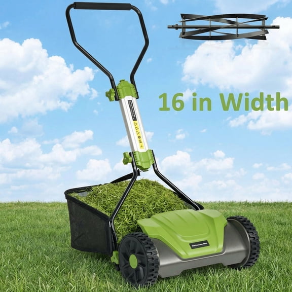Naipo Push Reel Lawn Mower, 16-in 5-Blade for 6 Height Adjustable(0.6~1.6) Manual Lawn Mower with 8-Gallon Grass Bag, for Small Lawns, Green