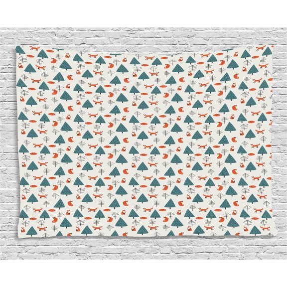 Fox Tapestry, Cute Orange Foxes in a Snowy Winter Forest Animals of Cold Climates Cartoon, Wall Hanging for Bedroom Living Room Dorm Decor, 80W X 60L Inches, Teal Orange Black, by Ambesonne