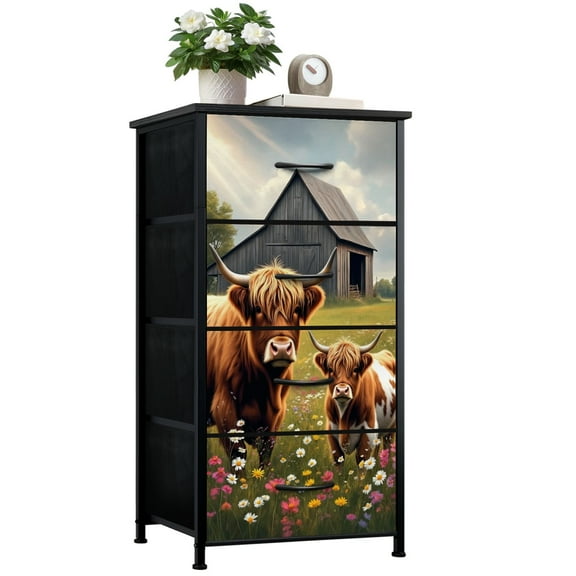 Farmhouse Dresser for Bedroom with 4 Storage Drawers Rustic Highland Cow Watercolor Animal Cattle Grassland Daisy Dressers Chest of Drawers Steel Framed Fabric Closet Organizers for Entryway