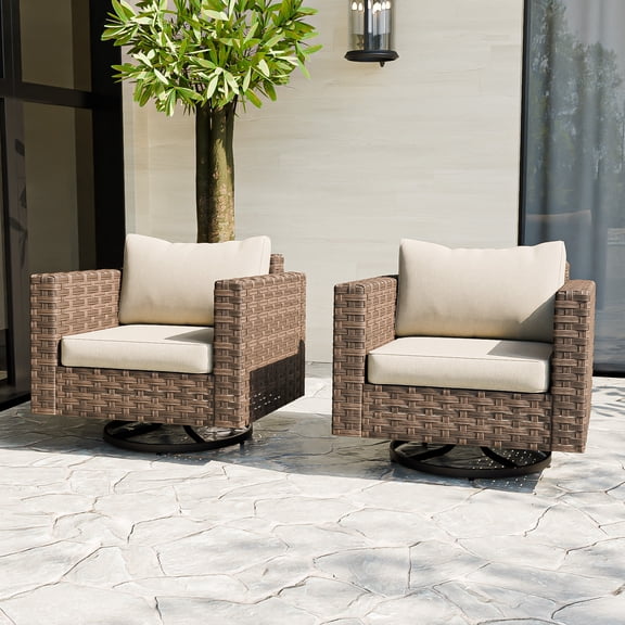 INTER HUT Coastal Haven 2 PCS Outdoor Wicker Swivel Glider Chair Outdoor Rocking Chair with Water-Resistant Cushions and Deep Seating