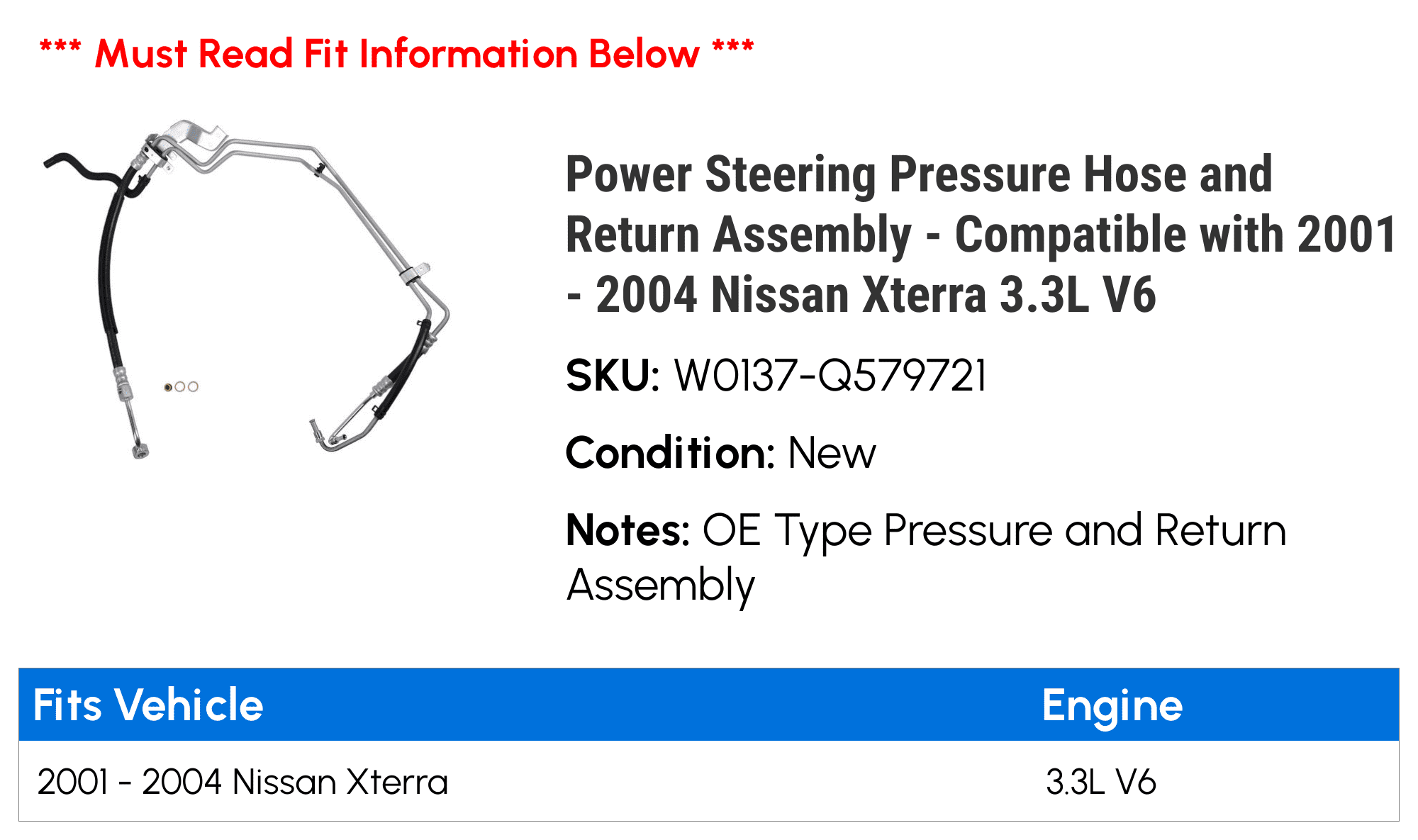 Power Steering Pressure Hose and Return Assembly - Compatible with 2001 - 2004 Nissan Xterra 3.3L V6 2002 2003
