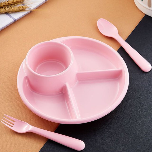 LEFU Divided Dinner Plates Set - 3 Compartment Plastic Plates for Adults Children Home Use - Reusable Sectioned Plates with Optional Fork Spoon - White Pink Green