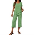 thumbnail image 3 of Women's Leaf Print Two-Piece Set Summer Plus Size Crew Neck Tops Floral Print Wide Leg Capris Pants Boho Beach Travel Outfits, 3 of 6