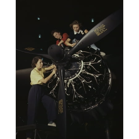 1942 Aircraft - The careful hands of women are trained in precise aircraft engine installation 1942 Poster Print by Stocktrek Images