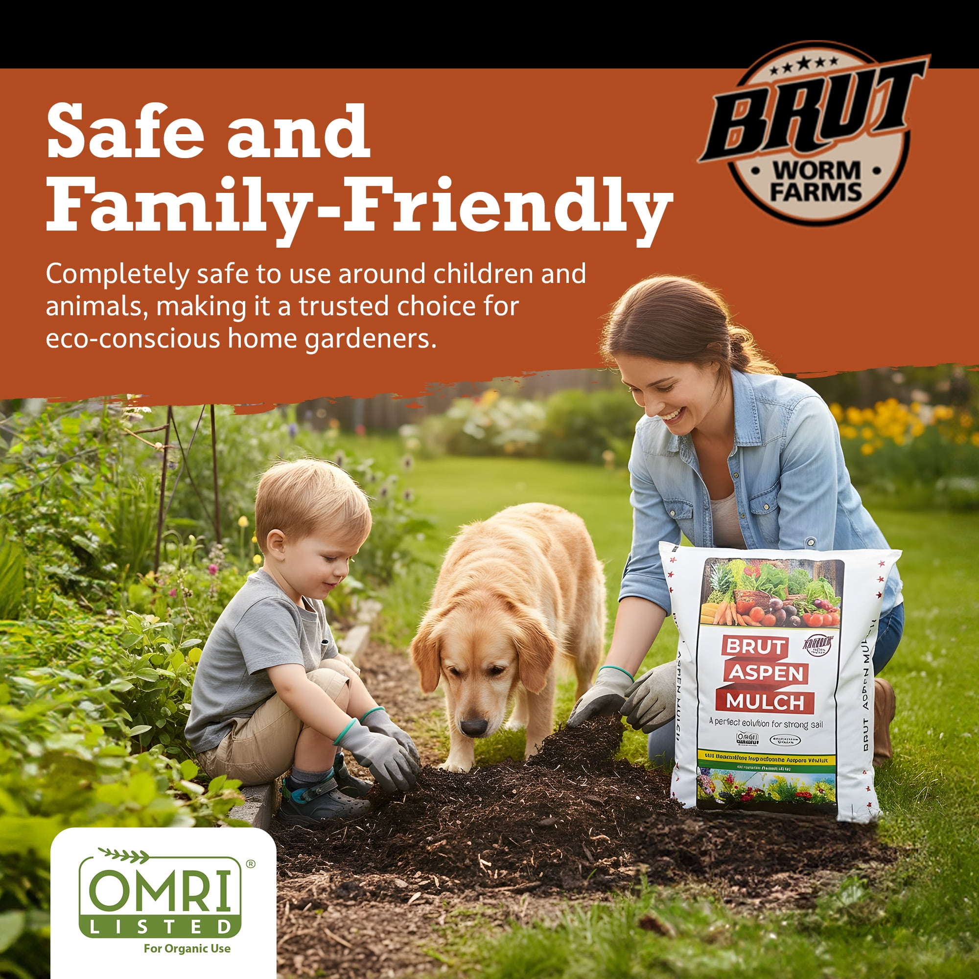 Brut Worm Farms Organic Aspen Mulch, High Water Retention for Gardens, 28 lbs.