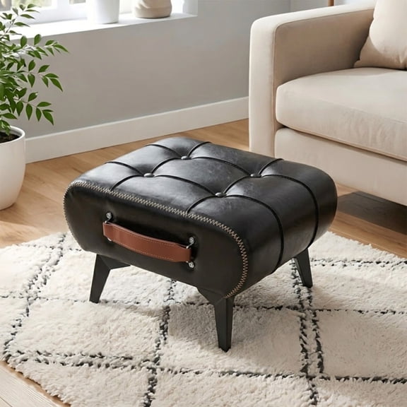 SOULART Leather Storage Stool with Metal Legs & Handles, Modern Square Footrest Ottoman with Hidden Storage for Living Room, Black