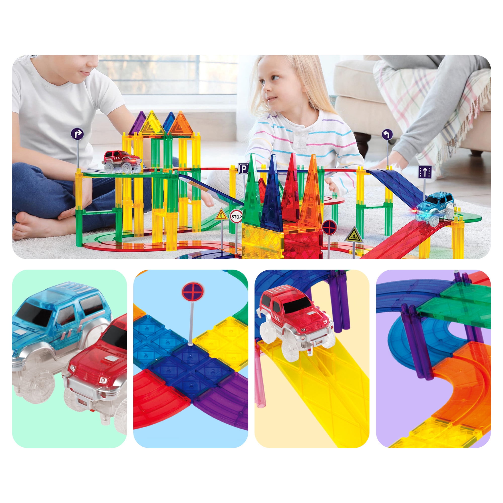 PicassoTiles Race Track Magnetic Tiles for Kids with 2 Racing Cars – 80PCS STEM Construction Building Blocks Educational Toy Set