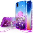thumbnail image 1 of SOGA Rhinestone Liquid Float Quicksand Cover Cute Phone Case Compatible for Apple iPhone XR 6.1 inch Case with Embedded Metal Diamond Ring for Magnetic Car Mounts and Lanyard - Purple on Blue, 1 of 5