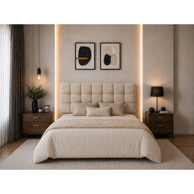 Cabecera El Bazar Store Linq Queen Beige Moderna abotonada Ajuste de altura