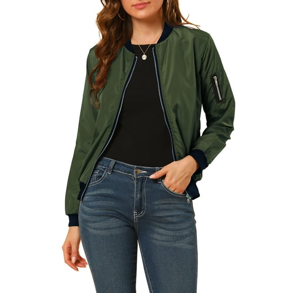 INSPIRE CHIC Women's Coat Casual Zip Up Bomber Jacket Windbreaker Outerwear with Pockets S Dark Green