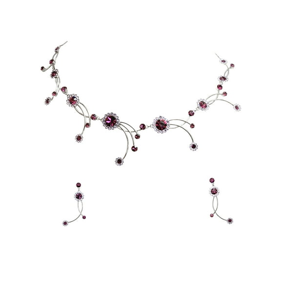 Faship Gorgeous Purple Rhinestone Crystal Floral Necklace Earrings Set