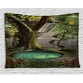 thumbnail image 1 of Tree Tapestry, Realistic Illustration of Enchanted Tree Fort and Lotus Flower on Pond, Wall Hanging for Bedroom Living Room Dorm Decor, 80W X 60L Inches, Green Brown and Jade Green, by Ambesonne, 1 of 2