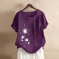 thumbnail image 3 of ZOHIUM Womens Tops Tshirts Women's Fashionable Cotton And Linen Short Sleeved Buttoned Tops Round Neck Dandelion Print T Shirt Blouses for Women Dressy Casual (Purple,M), 3 of 4